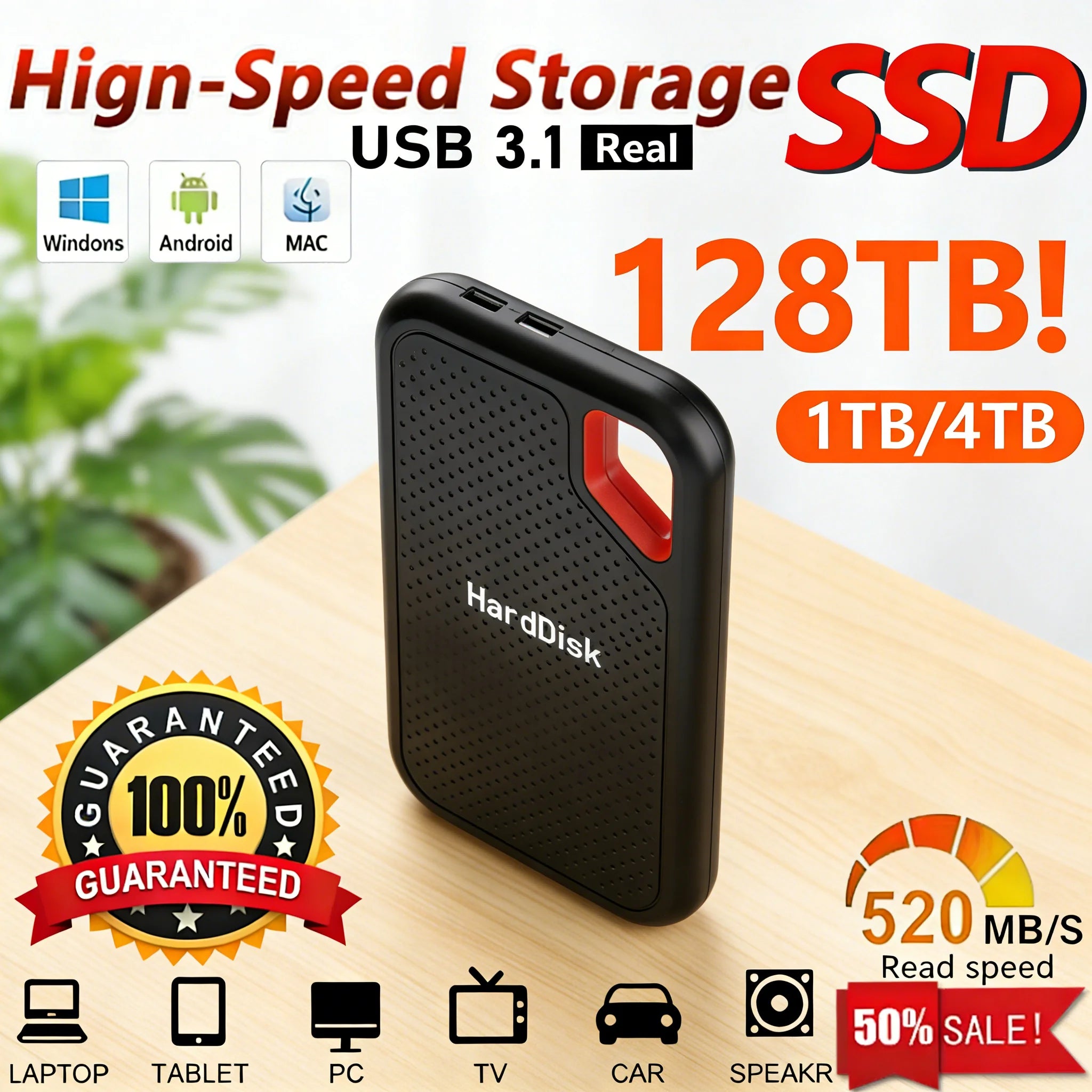 Portable SSD hard disk drive with specifications on a wooden surface
