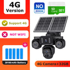 A 4G solar-powered security camera bundle shown on a white and orange promotional graphic. The main product is a black multi-view camera with two solar panels mounted above it.