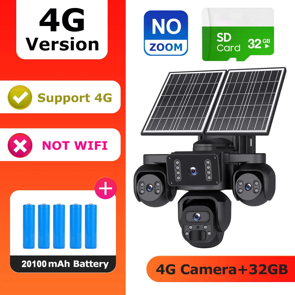 A 4G solar-powered security camera bundle shown on a white and orange promotional graphic. The main product is a black multi-view camera with two solar panels mounted above it.