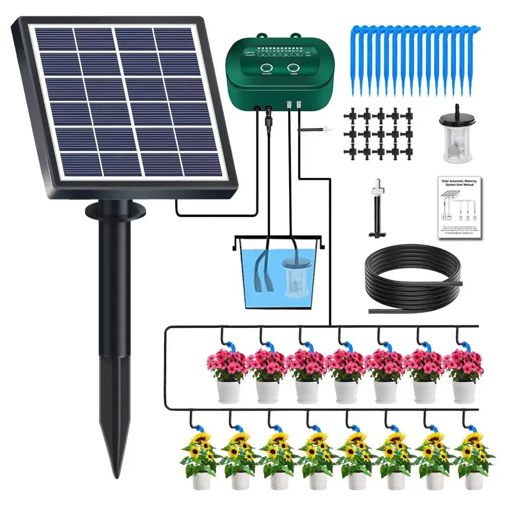 Solar-powered irrigation system with components including a solar panel, controller, and various parts on a white background.
