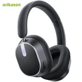 Black wireless headphones with arikasen branding on a white background