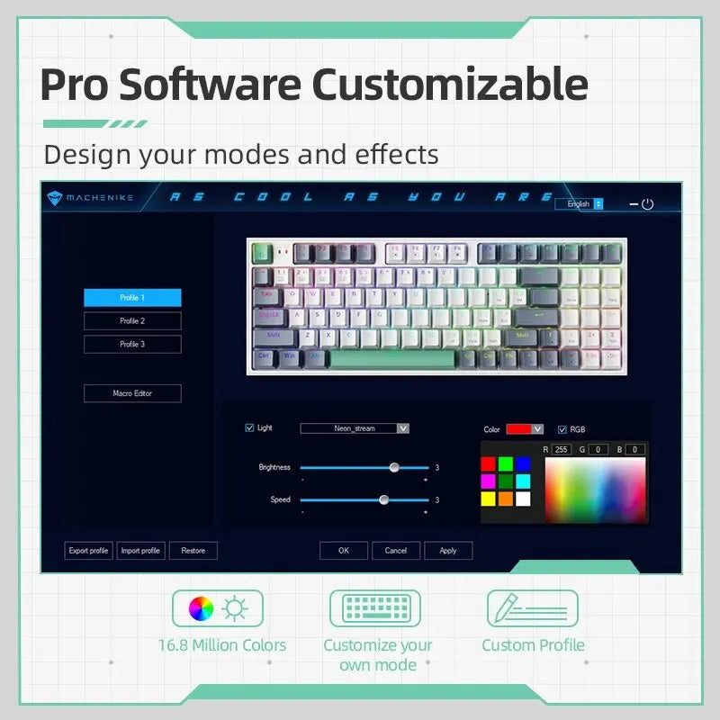 Software interface for customizing keyboard modes and effects with color selection tools.