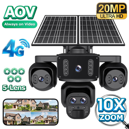 Solar-powered security camera system with 4G connectivity and 10x zoom capability.