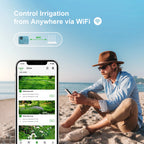 Man sitting on a beach using a smartphone with irrigation control app, text 'Control Irrigation from Anywhere via WiFi'.