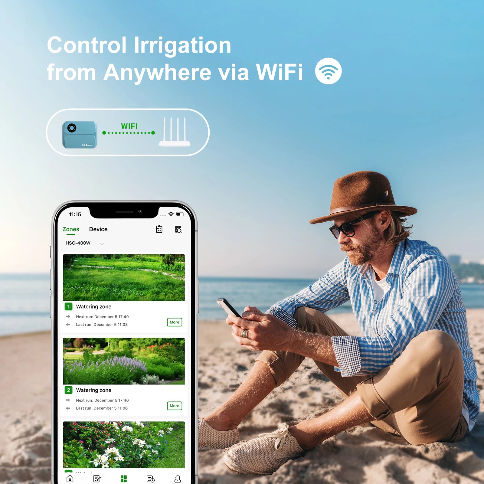 Man sitting on a beach using a smartphone with irrigation control app, text 'Control Irrigation from Anywhere via WiFi'.