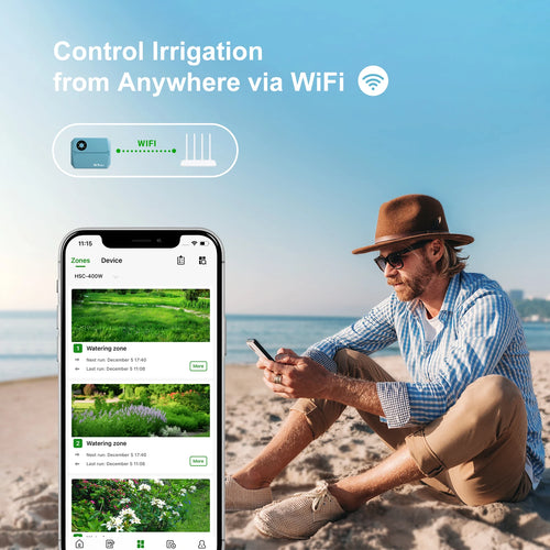 Man sitting on a beach using a smartphone with irrigation control app, text 'Control Irrigation from Anywhere via WiFi'.