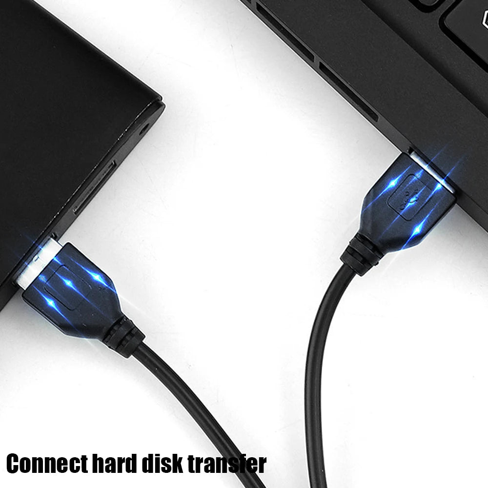 Two USB cables connected to a laptop with blue connectors on a white background.