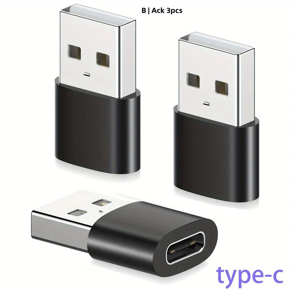 Three USB adapters on a white background, including two USB-A to USB-C adapters and one USB-B adapter.