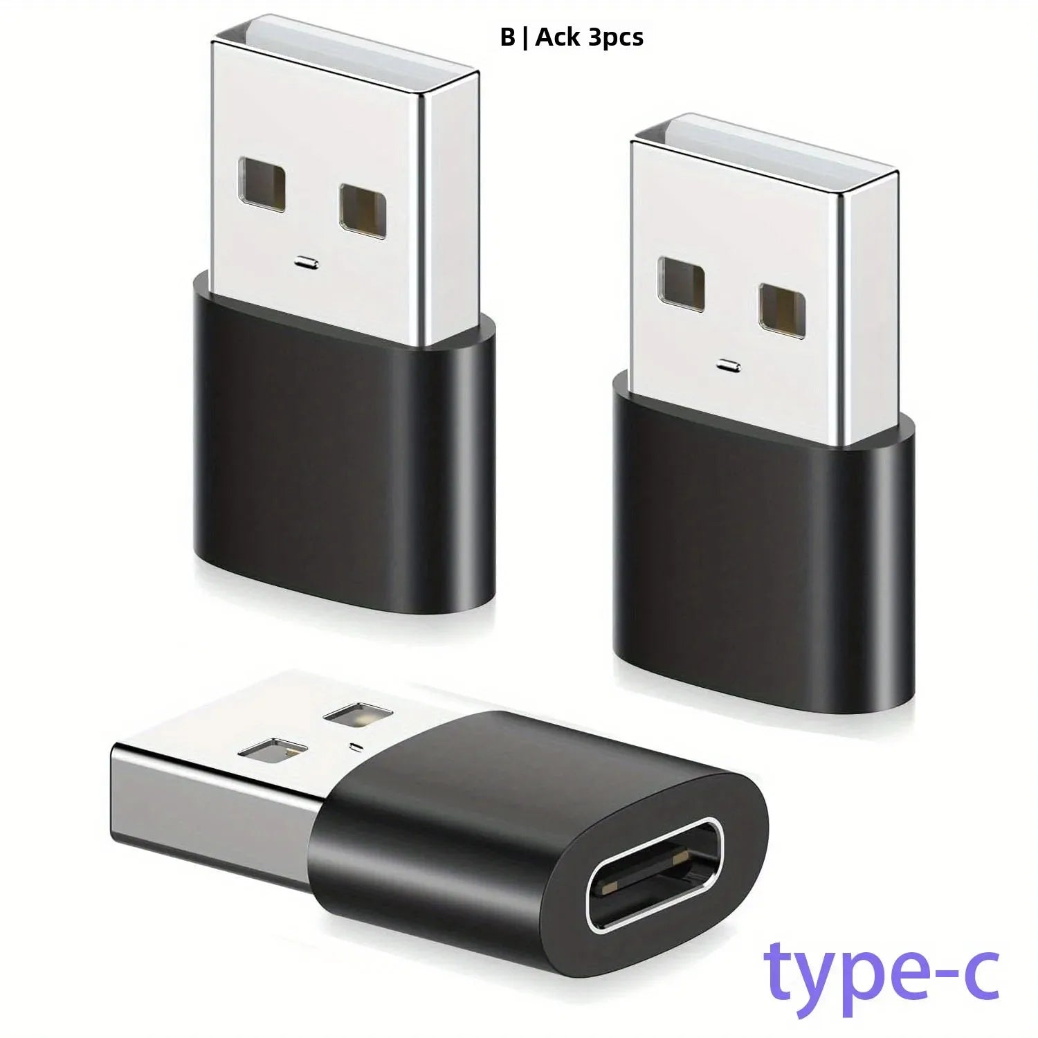Three USB adapters on a white background, including two USB-A to USB-C adapters and one USB-B adapter.