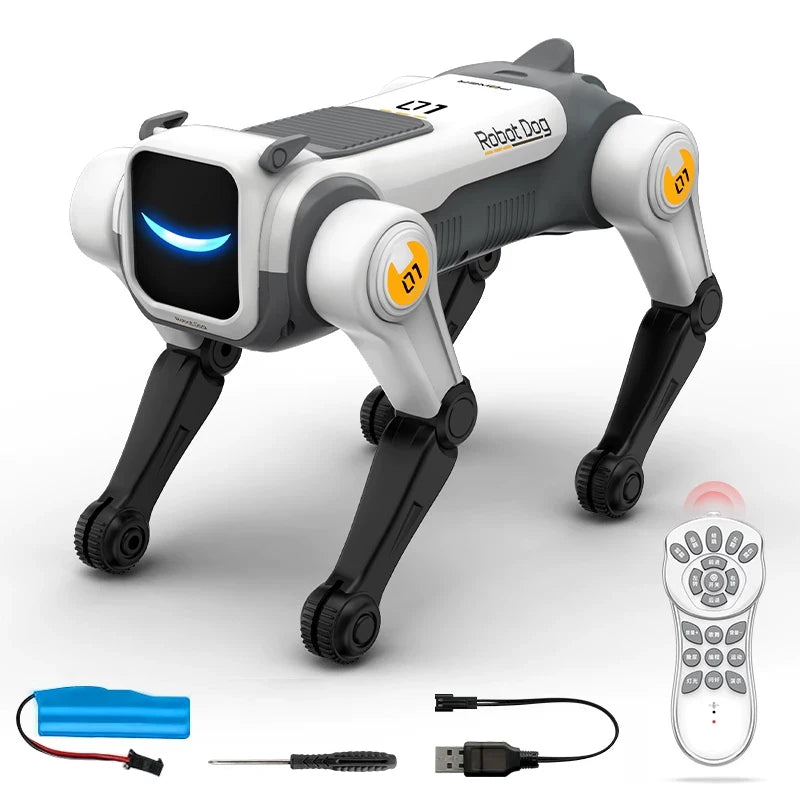 Toy robot dog with remote control, battery, and USB cable on a white background
