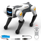 Toy robot dog with remote control, battery, and USB cable on a white background