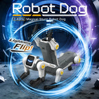 Robot dog with futuristic design and glowing effects on a dynamic background
