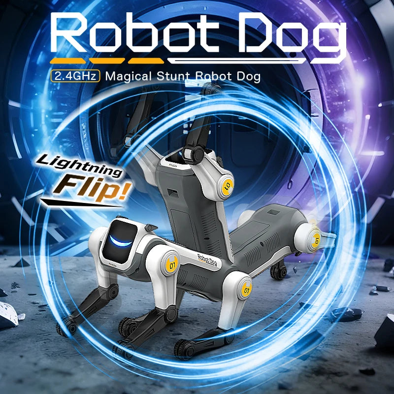 Robot dog with futuristic design and glowing effects on a dynamic background