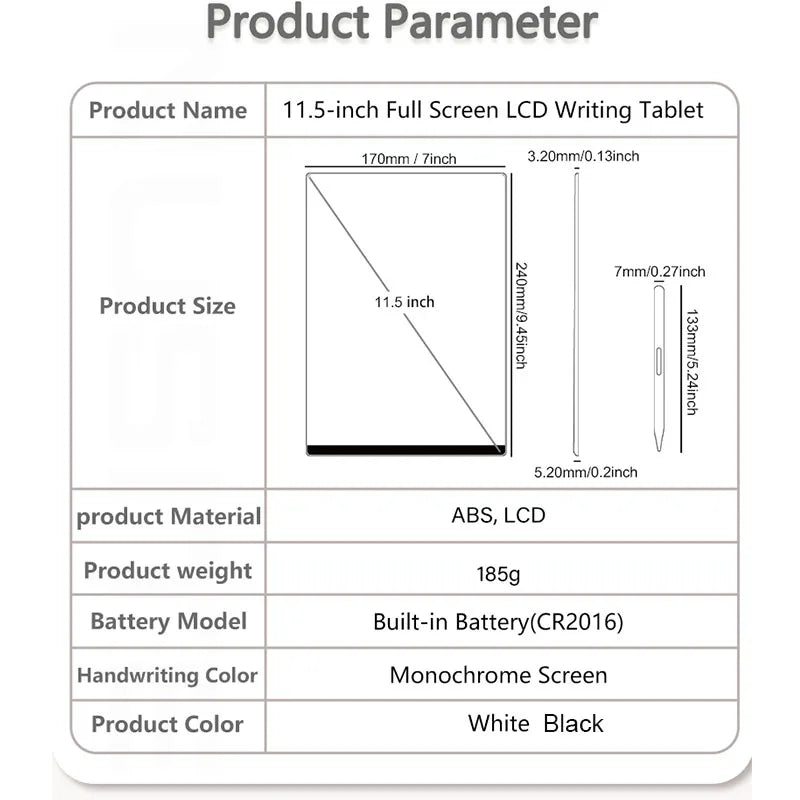 Product parameter chart for 11.5-inch Full Screen LCD Writing Tablet