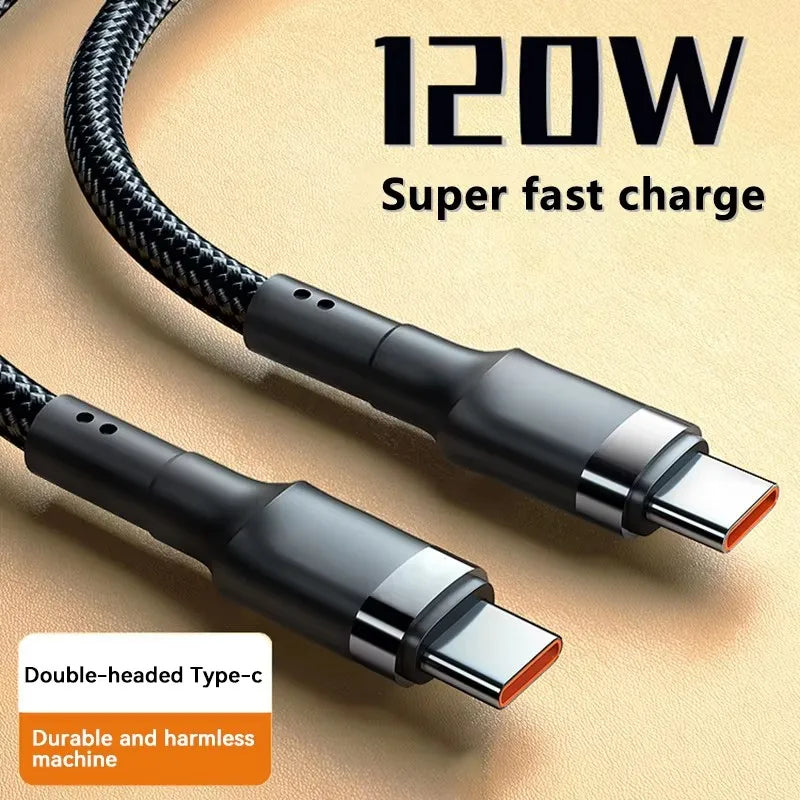 Black charging cable with '120W Super fast charge' text on a beige background. Dual Type C charging Cable