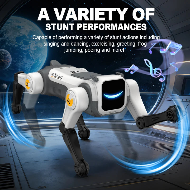 Robotic dog with text about its capabilities on a futuristic background