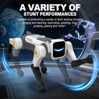 Robotic dog with text about its capabilities on a futuristic background
