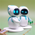 Two robot toys with blue accents on a green background