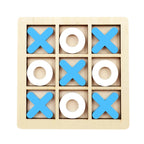 Wooden tic-tac-toe board with blue and white markers on a white background
