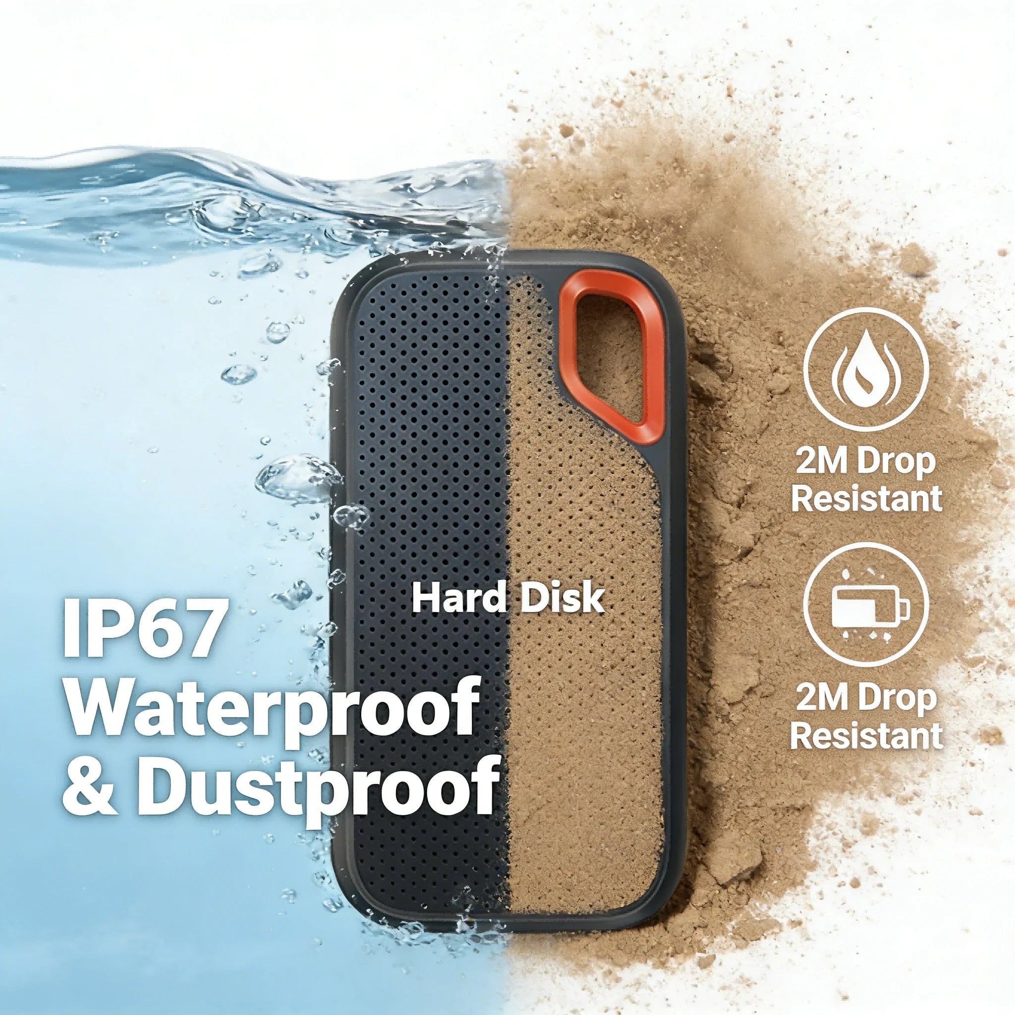 Waterproof and dustproof hard disk case with water and sand resistance features on a white background