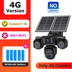 A 4G solar-powered security camera system with three cameras, dual solar panels, and a 20100mAh battery, shown alongside promotional text badges on a white and orange background.