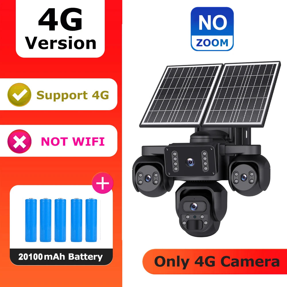 A 4G solar-powered security camera system with three cameras, dual solar panels, and a 20100mAh battery, shown alongside promotional text badges on a white and orange background.