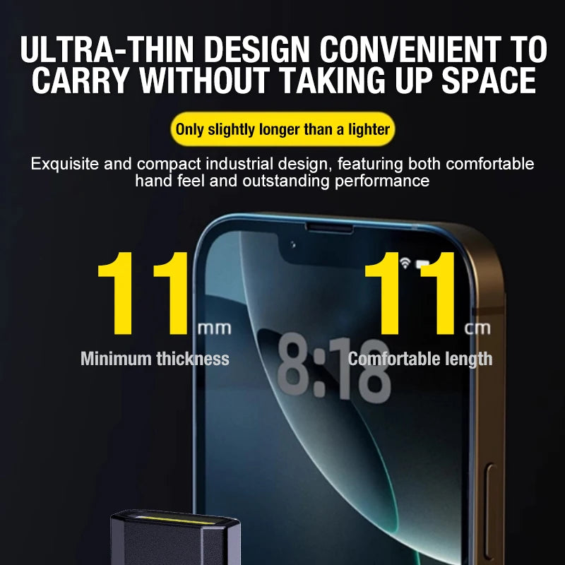 Phone with ultra-thin design and measurements on a black background