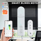 Smart blinds motor with smartphone app control and Tuya logo displayed.