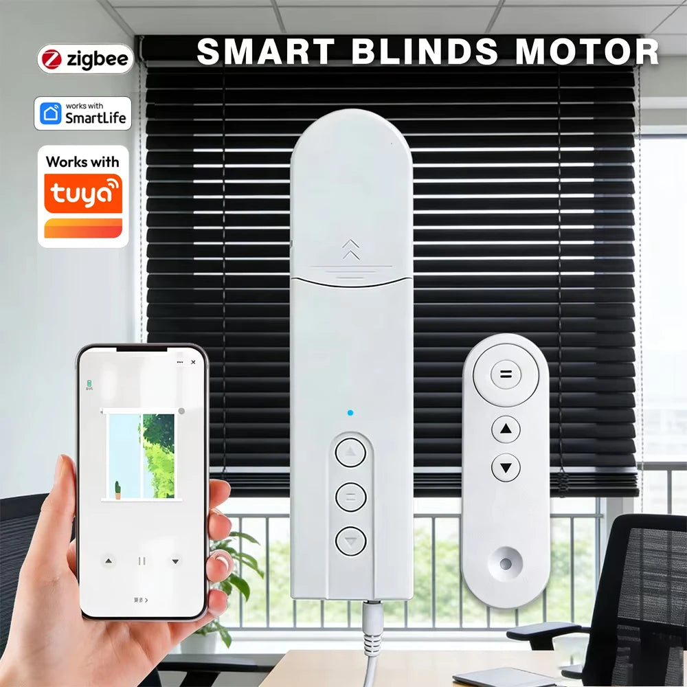 Smart blinds motor with smartphone app control and Tuya logo displayed.