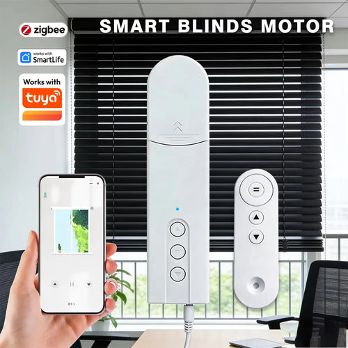 Smart blinds motor with smartphone app control and Tuya logo displayed.