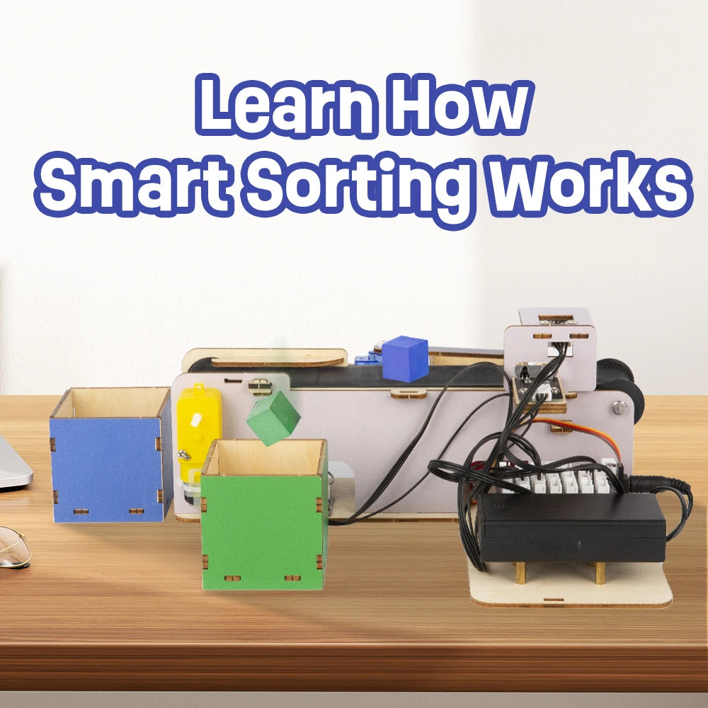 Smart sorting system with colorful boxes on a wooden surface, text overlay 'Learn How Smart Sorting Works'.