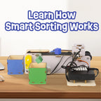 Smart sorting system with colorful boxes on a wooden surface, text overlay 'Learn How Smart Sorting Works'.