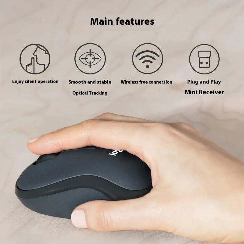 Hand holding a wireless mouse with feature icons and text on a beige background