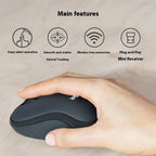 Hand holding a wireless mouse with feature icons and text on a beige background