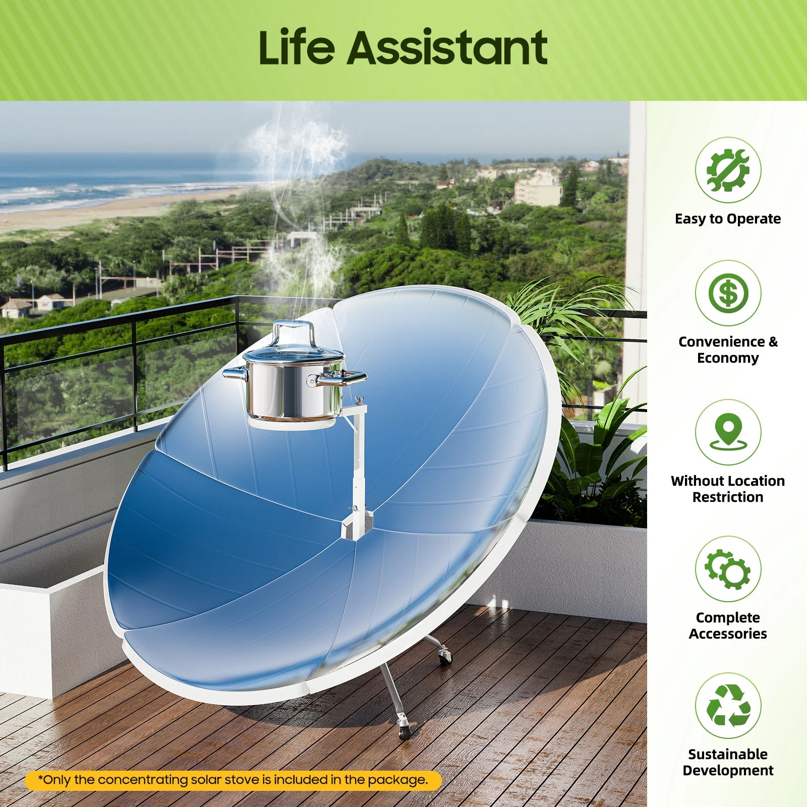 Solar concentrator on a balcony with scenic view, labeled 'Life Assistant' and features listed.