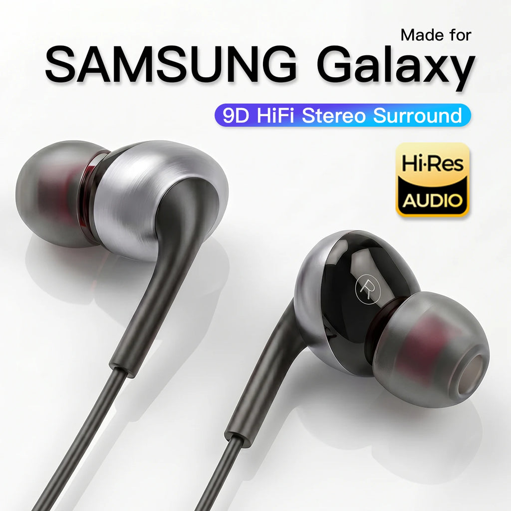 Samsung Galaxy earbuds with 3D HiFi Stereo Surround and Hi-Res Audio branding on a white background.