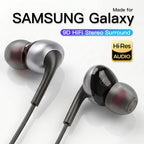 Samsung Galaxy earbuds with 3D HiFi Stereo Surround and Hi-Res Audio branding on a white background.