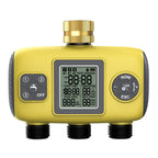Yellow digital water timer with a gold cap on a white background