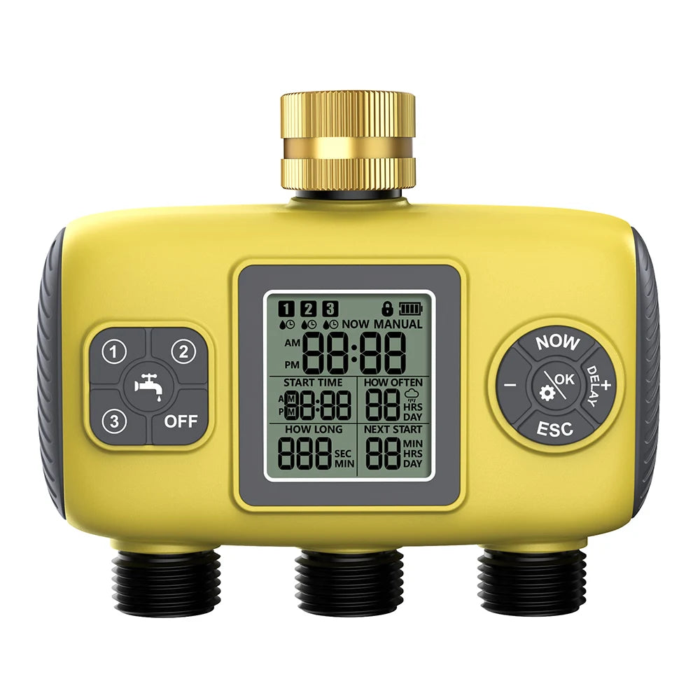 Yellow digital water timer with a gold cap on a white background