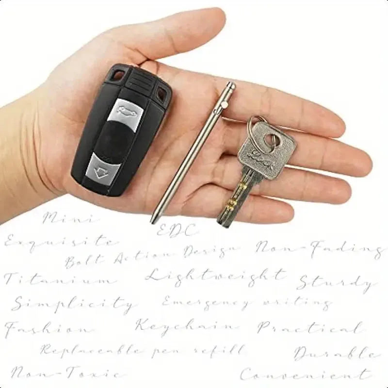 Hand holding a car key, pen, and keychain with text overlay
