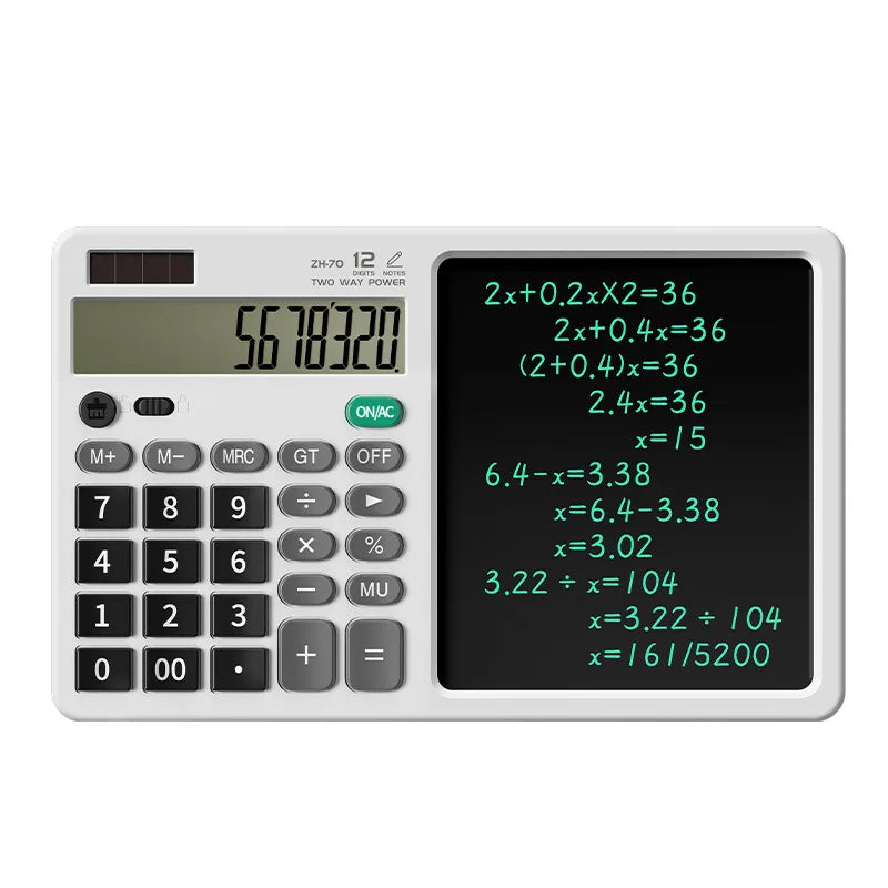 Calculator with a screen displaying mathematical equations on a white background