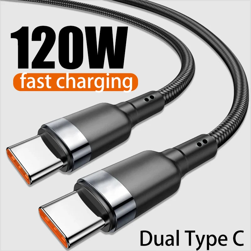 Dual Type C charging cable with 120W fast charging text on a white background