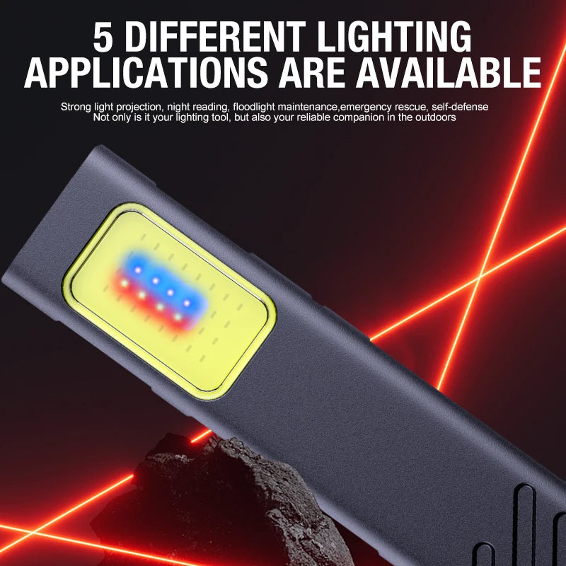 Lighting device with red and blue lights on a dark background, highlighting its versatility.