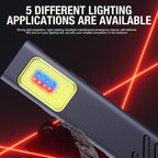 Lighting device with red and blue lights on a dark background, highlighting its versatility.