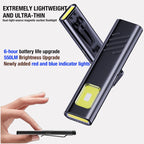 Ultra-thin flashlight with magnetic suction feature, held by a hand on a white background.