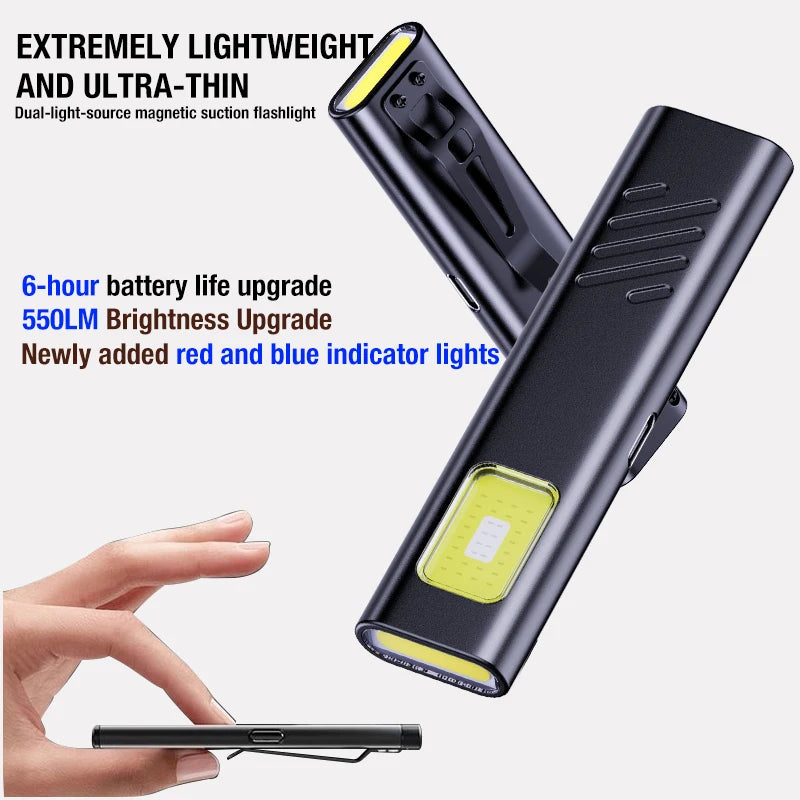 Ultra-thin flashlight with magnetic suction feature, held by a hand on a white background.