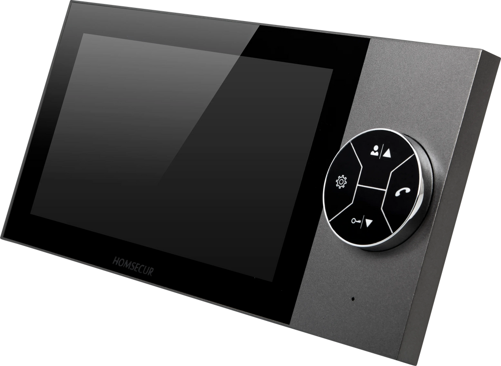 A modern home security video intercom receiver with a glossy black screen and a circular control panel featuring call and menu icons, set against a plain white background.
