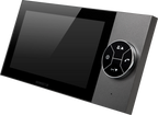 A modern home security video intercom receiver with a glossy black screen and a circular control panel featuring call and menu icons, set against a plain white background.