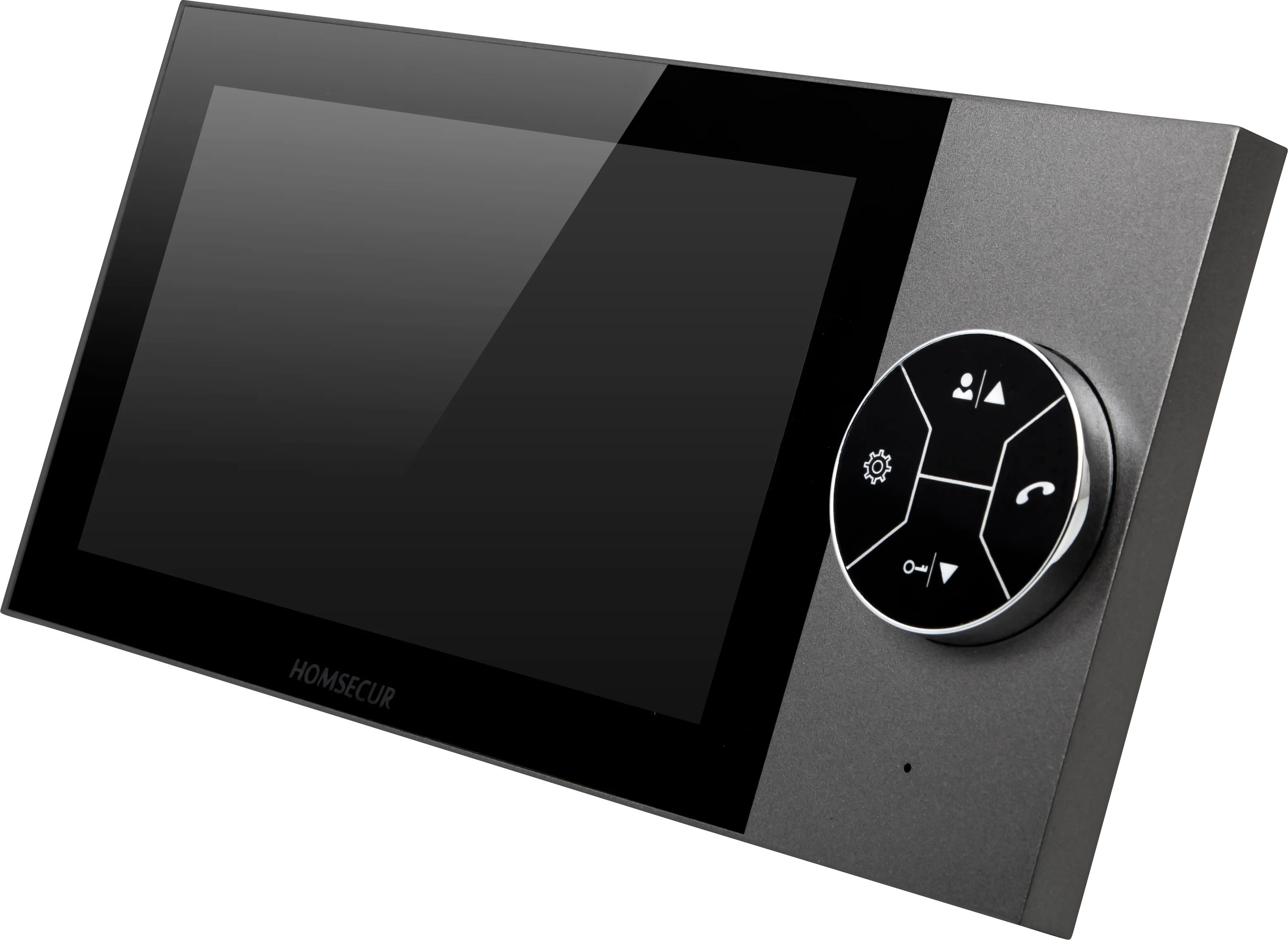 A modern home security video intercom receiver with a glossy black screen and a circular control panel featuring call and menu icons, set against a plain white background.