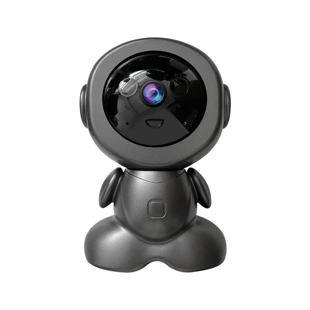 8MP WiFi PTZ Security Camera | AI Smart Tracking Robot Camera with Color Night Vision & Two-Way Audio Baby Monitor
A cute, cartoonish black security camera shaped like a small robot or character, featuring a glossy black face with a colorful camera lens and a smooth body, isolated on a white background.